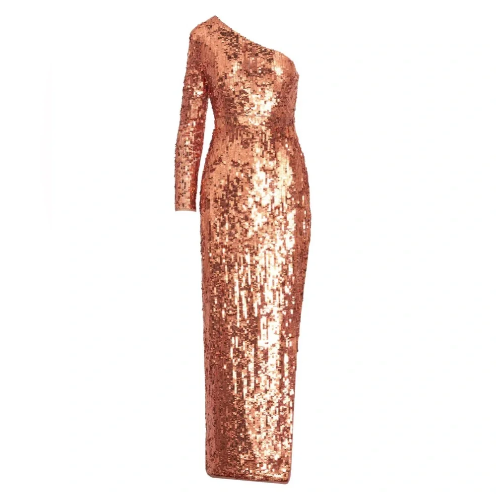 Mac‎ Duggal Sequined One Sleeve Column Gown- Copper